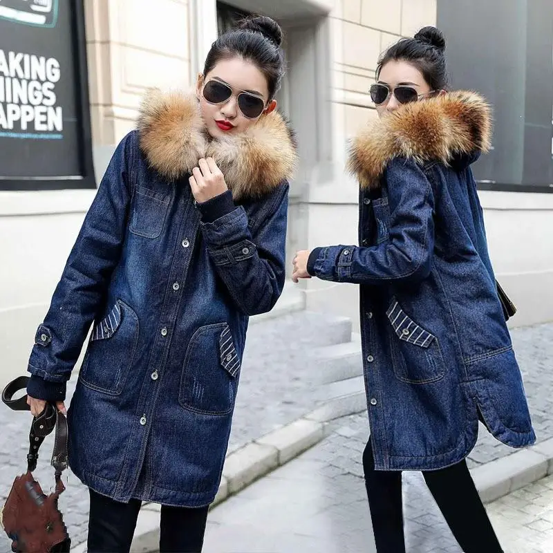 amazing  Plus Size 5Xl European Ladies Winter Hooded Jeans Coat Big Fur Collar Jeans Jacket Female Warm Wool
