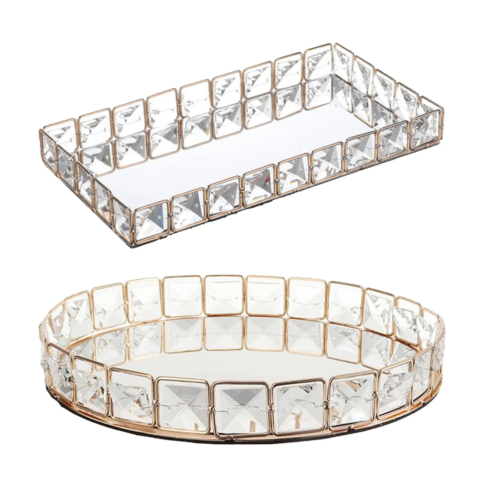 Glam Gold Mirror Crystal Tray Jewelry Perfume Makeup Vanity Organizer