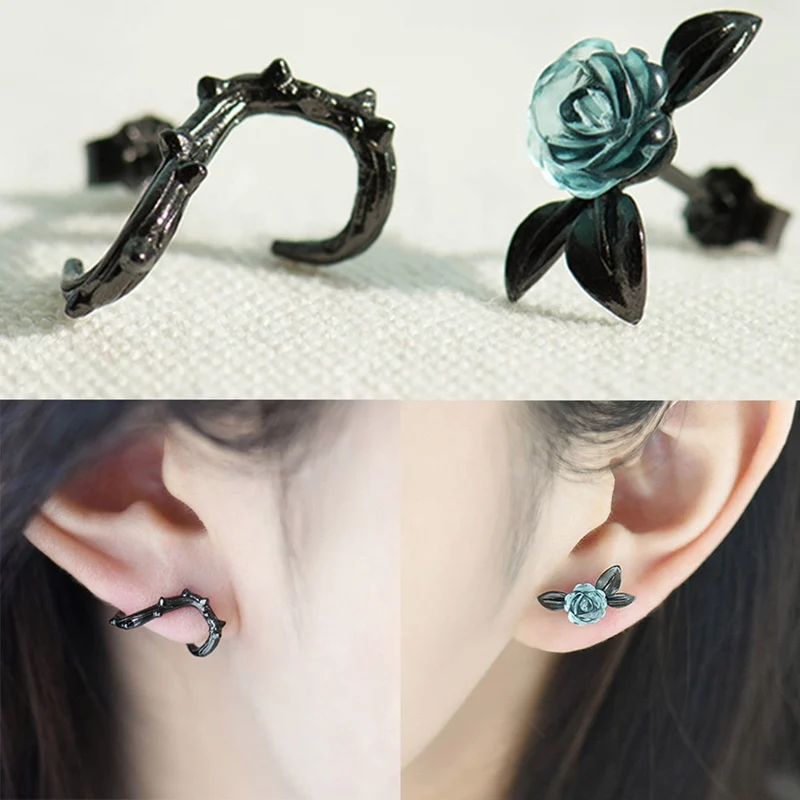 Vintage Thorn Rose Flower Stud Earrings For Women Blue Crystal Asymmetric Earrings Fashion Wedding  Jewelry Girlfriend Gift