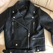 Ailegogo - women's synthetic leather jacket, basic coat with back neck, belt, black, suitable for spring and autumn