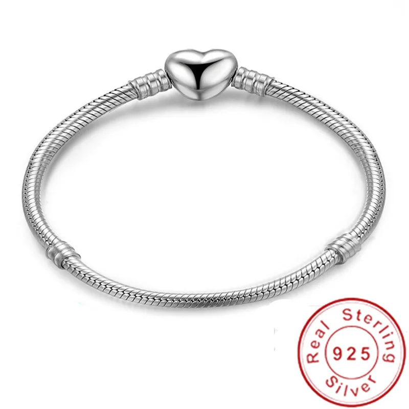 Ручная работа, 925 пробы, серебряный, гладкий, в форме сердца, застежка, змеиная цепочка, браслеты с подвесками для женщин и девушек, сделай сам, изготовление ювелирных изделий 16-23 см