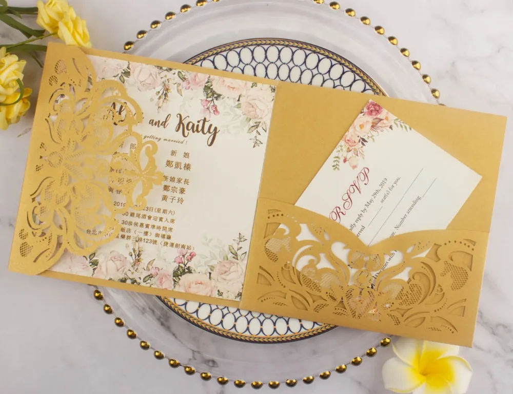 10pcs/lot pearl paper square pocketfold cards Laser Cut Wedding invitation Cards three folded Greeting cover for party supplies
