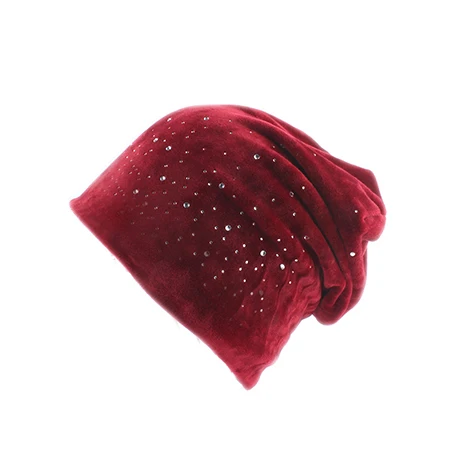 Бренд Для женщин Стразы громоздкая сумка Beanie Шляпа Повседневное осень-зима бархат шляпа для Для женщин Женский капот Череп Шапки-бини - Цвет: Красный