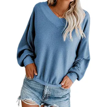 

Womens Plus Size Sexy V-Neck Long Sleeve Tops Waffle Knitted Pullover Drop Shoulder Sweater Shirts Casual Loose D08E