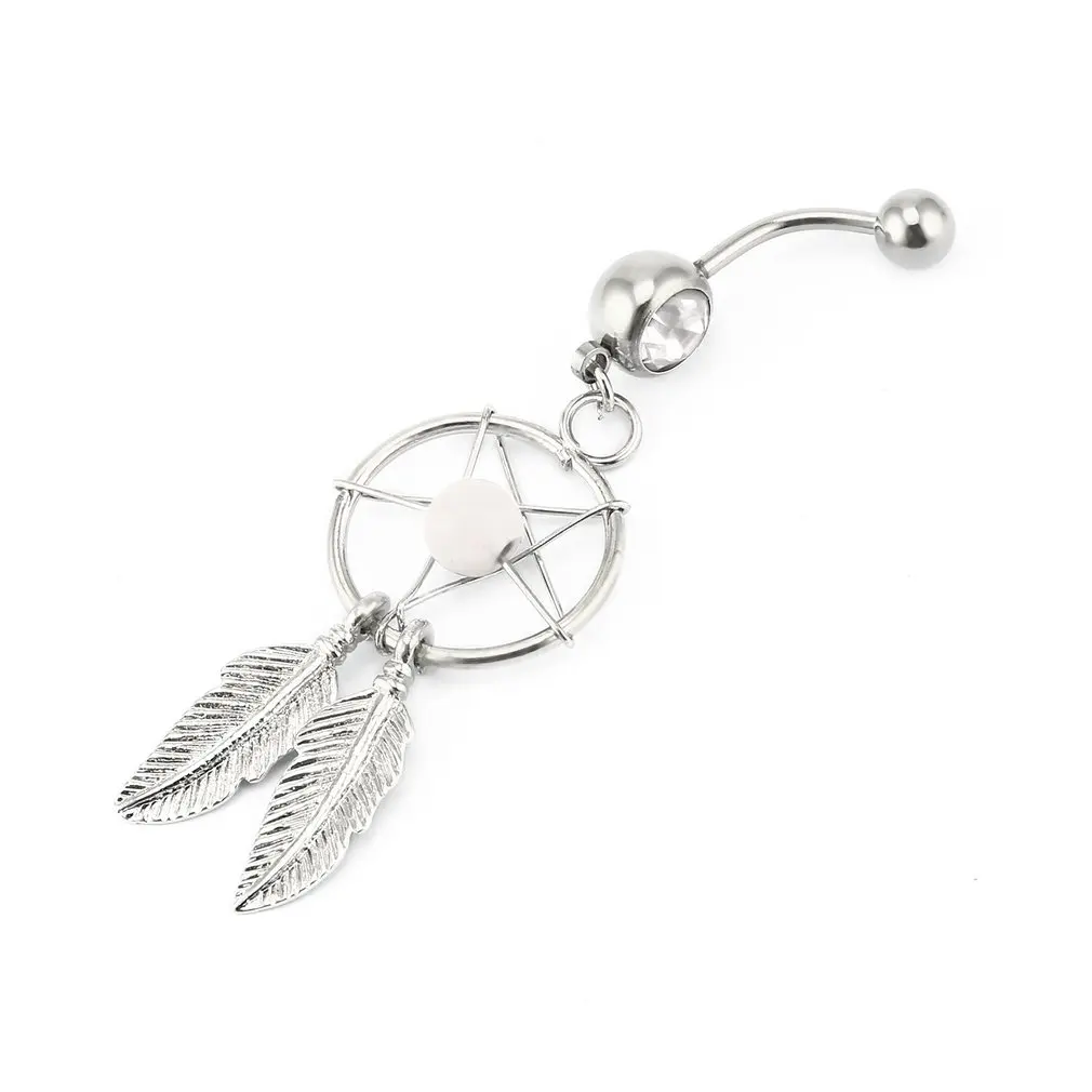 

New Sexy Dangle Navel Ring Dreamcatcher Belly Bars Belly Button Rings Piercing Zircon Feather Shape Body Jewelry