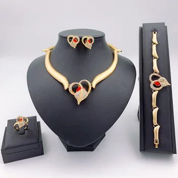 

Indian Party Charm Women Red Heart Necklace Bracelet Earrings Ring Fashion Jewelry Set Nigeria Wedding Jewelry Set