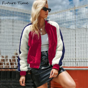 

Women Jackets Long Sleeve Faux Lambswool Warm 2019 Autumn and Winter Outwear Short Jacket Zipper Patchwork Casual Female C1989