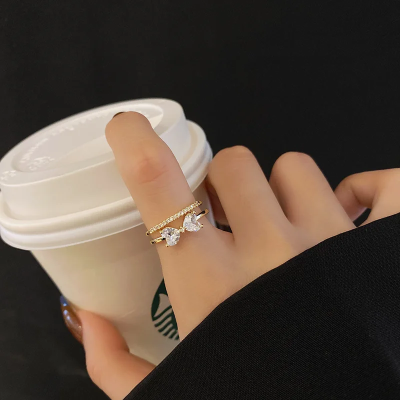 Luxury Shiny Crystal Bow Gold Opening Rings For Woman Korean Fashion