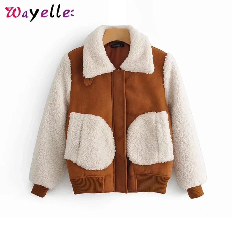 

Women Coats Winter Patchwork Teddy Faux Fur Coat Korean Style Vintage Warm Fleece Teddy Coat Chic Big Pockets Girls Outwear