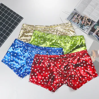 

4Pcs Men's Underwear Star Printed Boxers Sexy Faux Leather Fashion Boxers Shorts Underpanties Tight Boy Satin Shinning Boxers