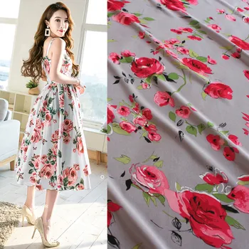 

half meter grey bottom with rose flower print chiffon fabric for dress scarf gallus sunscreen shirt lady's garment T882