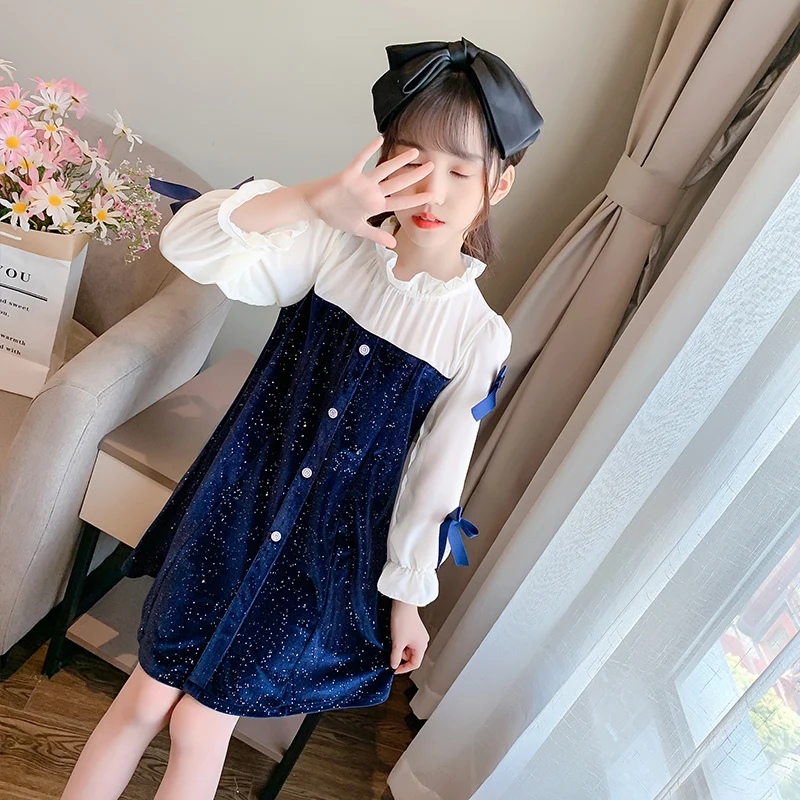 

2023 New Girls Long Sleeve Princess Dress Spring Fall Children's Chiffon Velvet Spliced Dresses 3-14 Yrs Kids One Piece X530