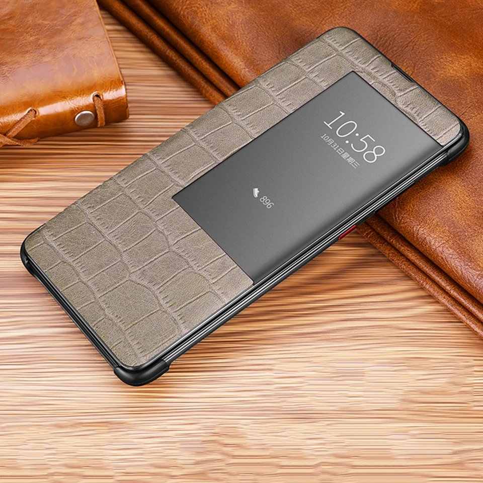 Grey Роскошный Смарт-сенсорный флип-чехол для huawei mate20 p30 p20 mate10 Pro lite, кожаный чехол с окошком для телефона с защитой от крокодиловой кожи - Цвет: Grey