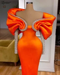 Lowime Orange Off The Shoulder Long Sleeves Formal Evening Dresses Women Wedding Party Dress 2022 Robes Satin Beading Prom Gowns