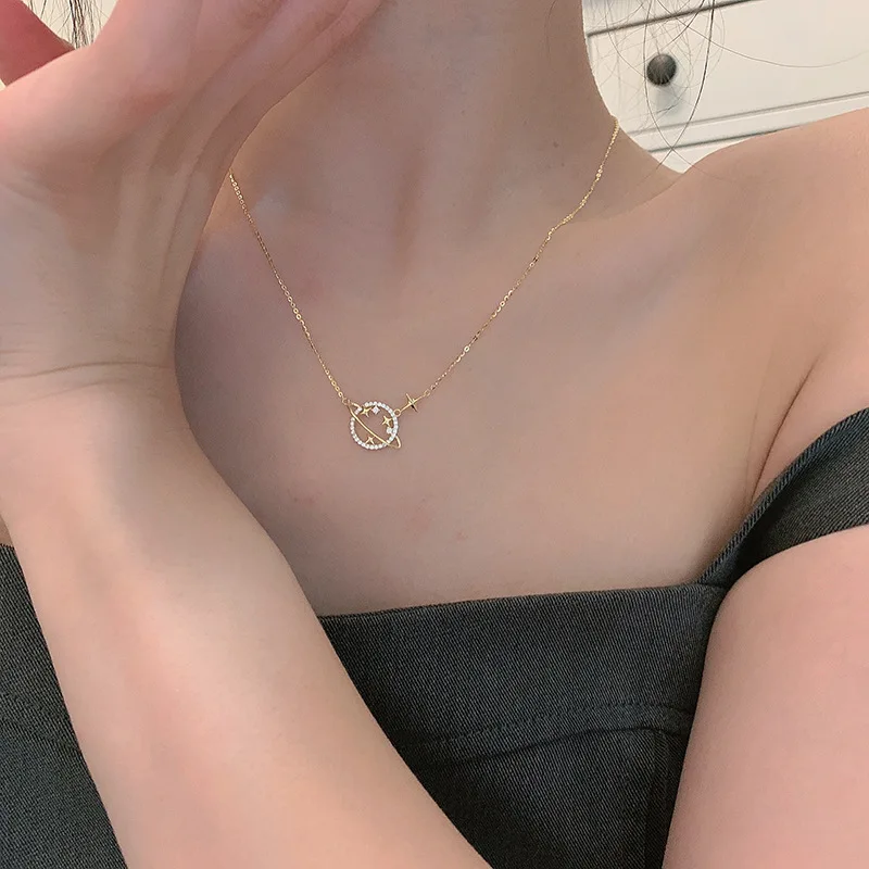 925 Sterling Silver Simple Diamond Gold Planet Pendant Necklace Women Fashion Wedding Party Jewelry Accessories - Image 3