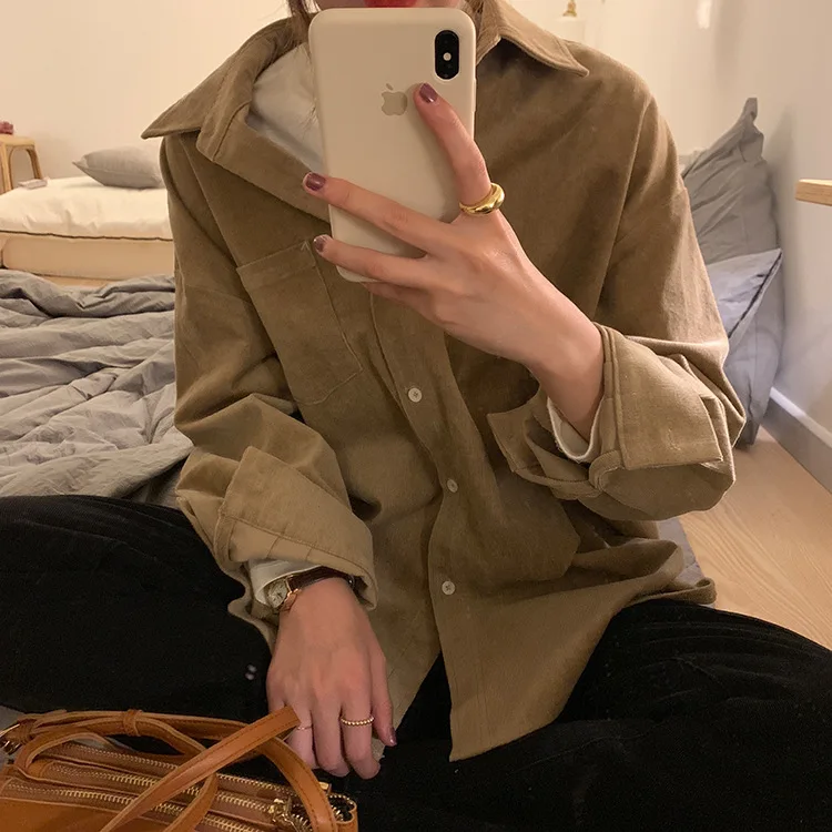 Вельветовые женские рубашки с длинным рукавом, хлопок, корейский Топ Blusas Ранняя весна, кардиган, блузка, Женская корейская модная блузка