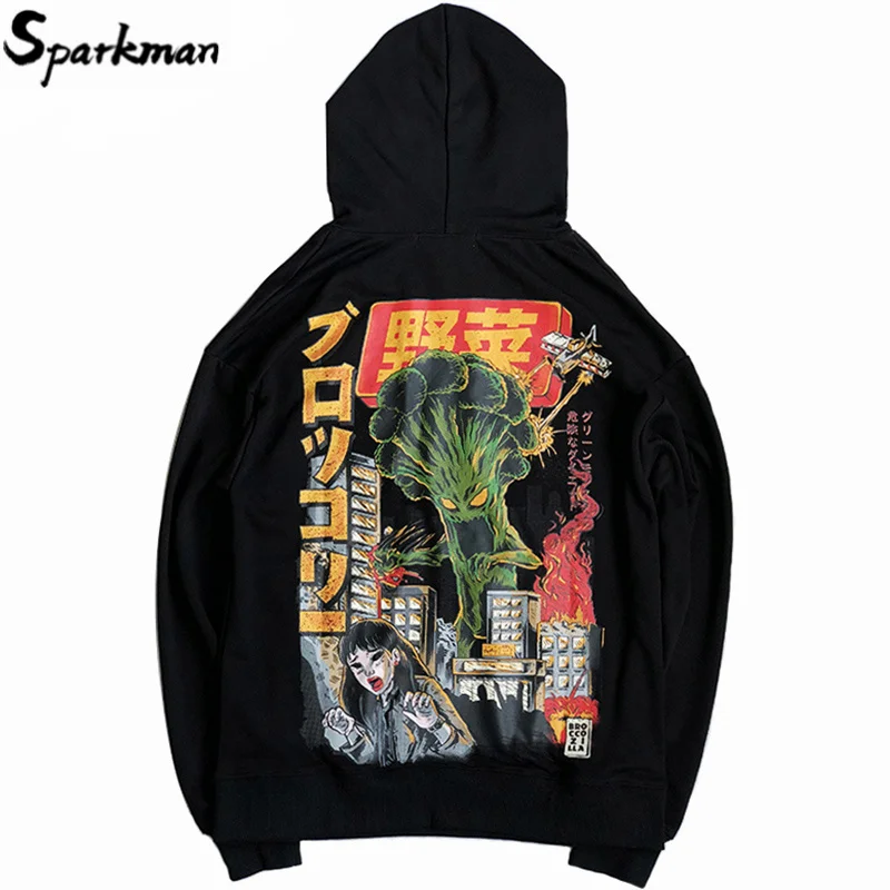 

2019 Men Hip Hop Hoodie Sweatshirt Monster Attack Japanese Harajuku Hoodie Streetwear Funny Autumn Cotton Hooded Pullover Black