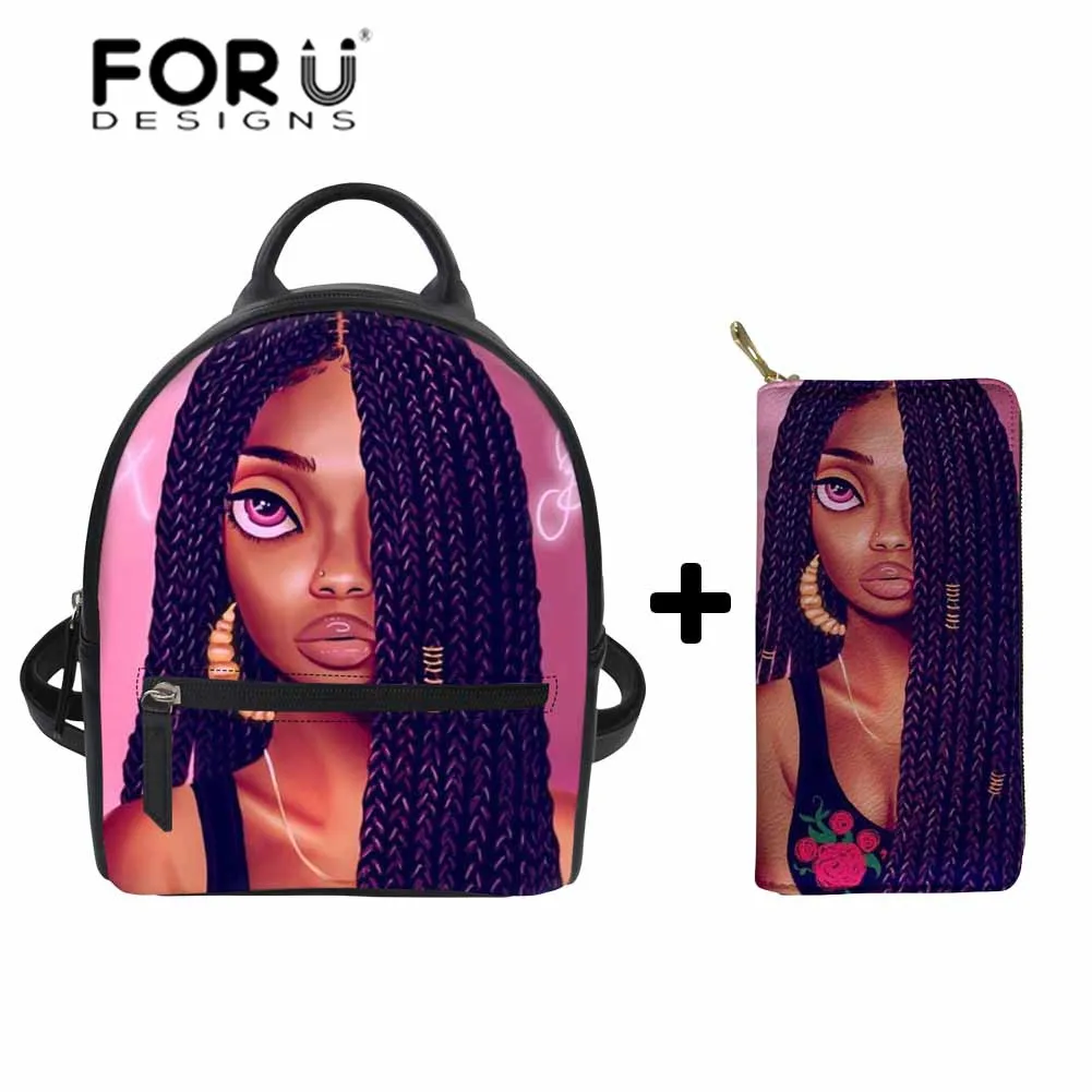 

FORUDESIGNS 2pcs Backpacks&Purse for Women Black Art African Girls Bookbag Ladies Luxury Shoulder Backpack Females Mini Bagpack