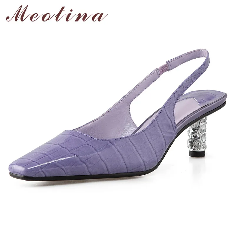 

Meotina High Heels Women Pumps Natural Genuine Leather Thin High Heels Slingbacks Shoes Sheepskin Square Toe Shoes Lady Size 39