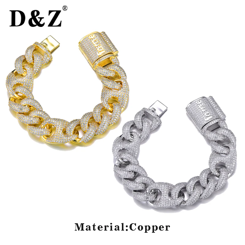 D&Z, новинка, хип-хоп, Большая квадратная застежка, 18 мм, кубинская цепочка, браслет, для мужчин, льдом, из меди, с AAA+ CZ, звено цепи, браслеты