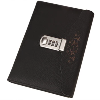 

Black Hot Leather Notebook Business Personal Diary with Lock Code Thick Notepad Stationery