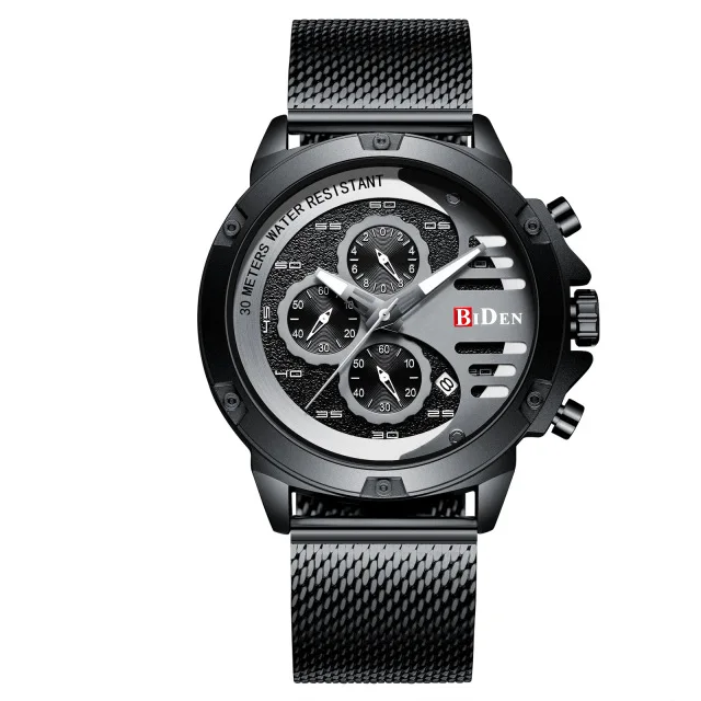 

Relogio Masculino Men's Watches BIDEN Quartz Watch Chronograph Sport Waterproof Wristwatch Stainless Steel Mesh Band Clock 0116