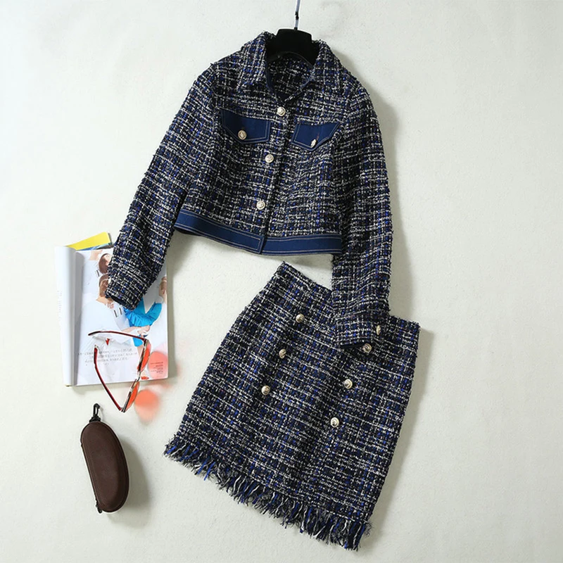 

HIGH QUALITY New Stylish Fall Winter 2019 Designer Suit Set Women's Tweed Jacket Tassel Fringed Skirt Set
