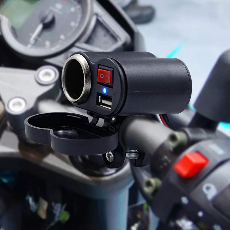

Motorcycle Charger Adapter Handlebar Cigarette Lighter Socket with Waterproof Cover Motor Electronics Accessories 12/24V