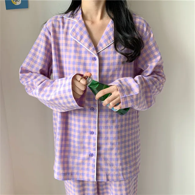 CAIYIER Korean Purple Grid Girls Pajamas Set Cute Winter Long Sleeve Leisure Sleepwear For Women Loose Nightwear Homewear Suit 2