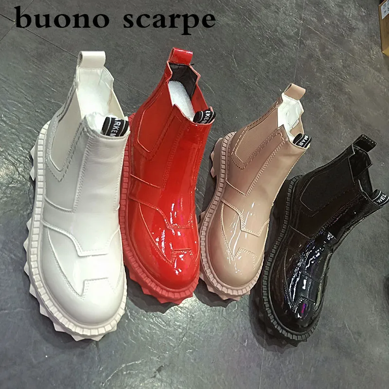 Женские тонкие Ботинки Martin из лакированной кожи на низком каблуке с рукавом без