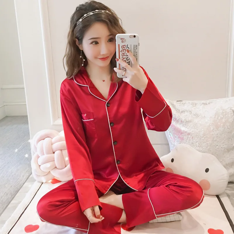 

Pajamas Women's Spring And Autumn Solid Color Imitated Silk Fabric Set Korean-style Long Sleeve Trousers Home Wear