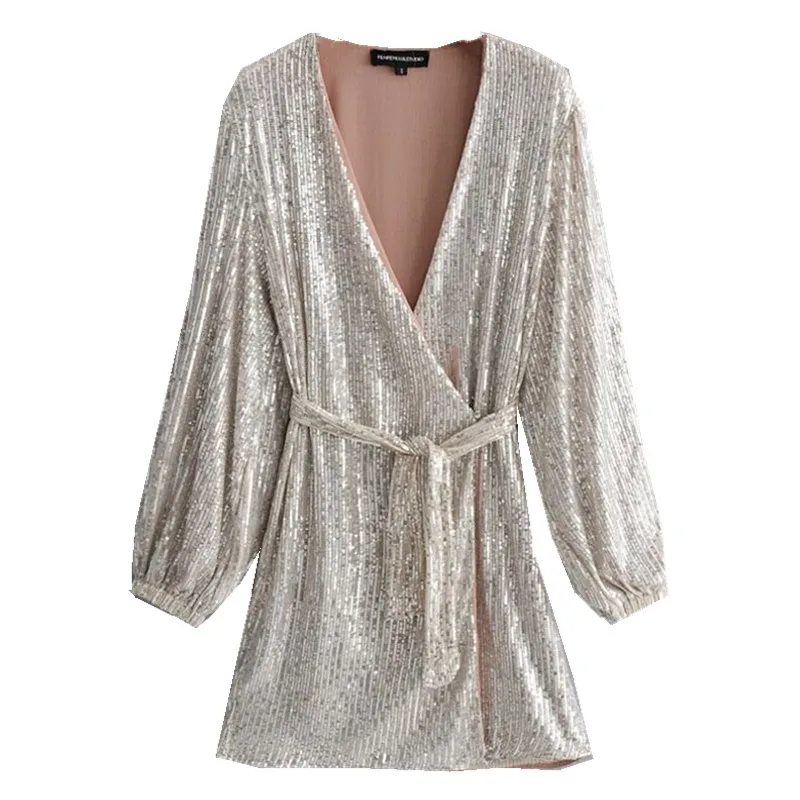 

2019 New Silver Sequins Wrap Dress Lacing up Waist Split Slim Fit Women Long sleeve Tea Dresses Bow Tide Vestido Party
