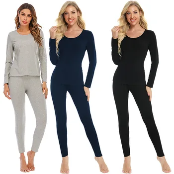 

2020 European and American autumn and winter thin round neck slim body underwear women's home service suit pajamas cotton
