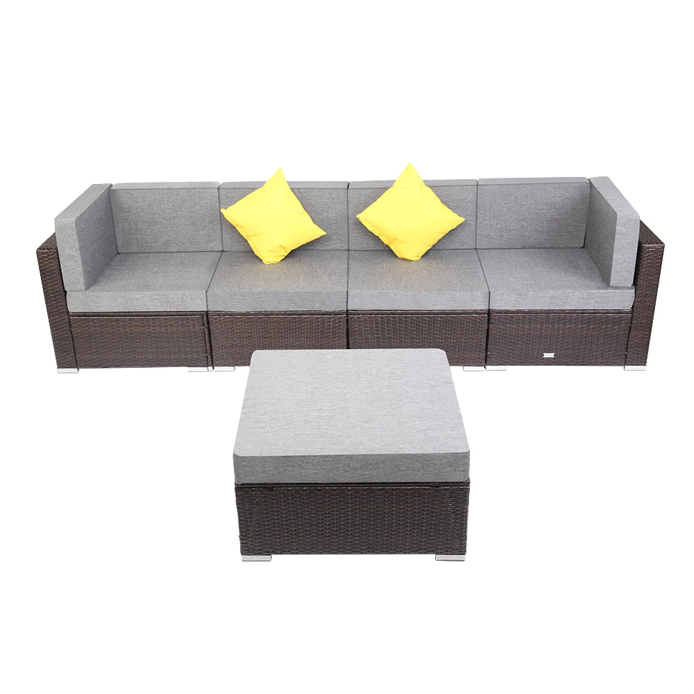 

5PCS Outdoor Rattan Wicker Conversation Furniture Set, All Weather Glass Coffee Table Rattan Garden Sofa Set Sectional Couch