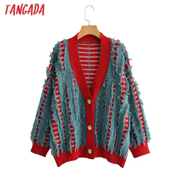 

Tangada women fashion tassel cardigan vintage jumper 2020 autumn winter oversized knitted cardigan coat BC86
