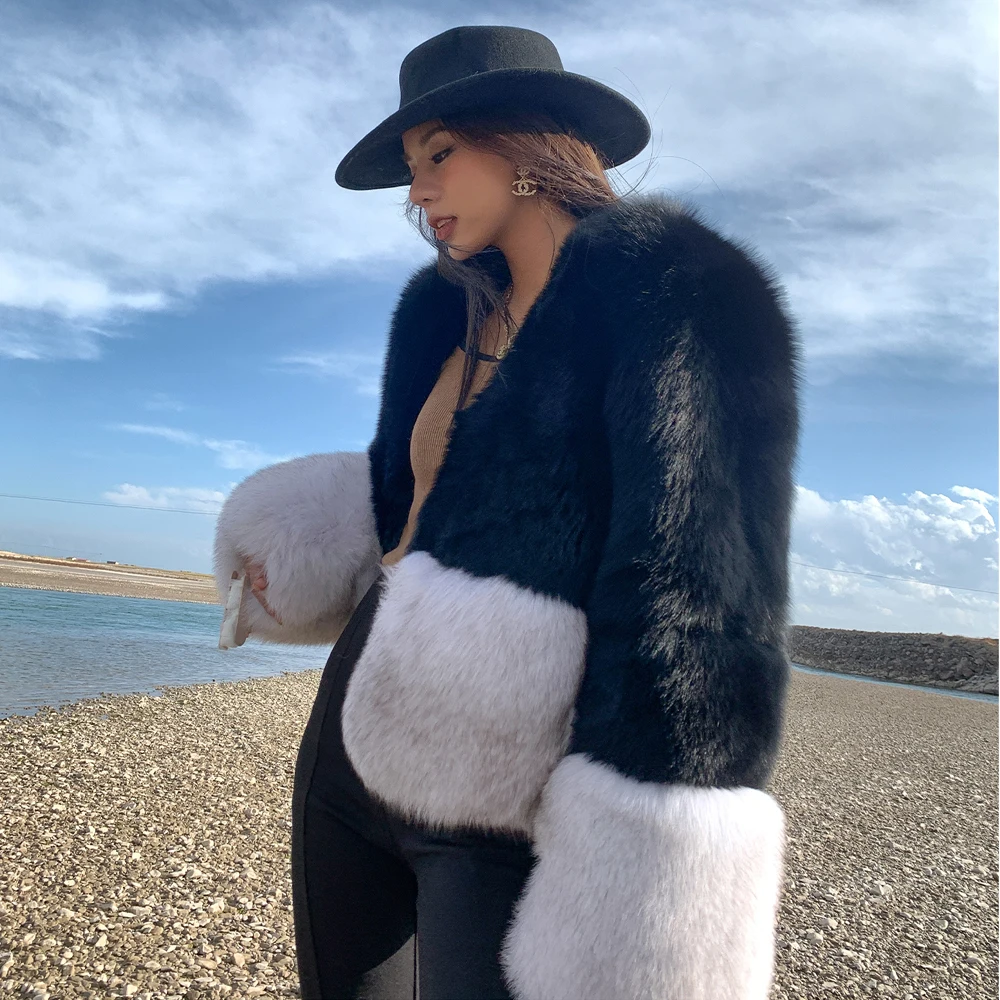 Winter New Real Fox Fur Coat V-neck Trendy Color Patchwork Full Pelt Genuine Fox Fur Jacket Thick Warm Fur Overcoat Luxury Woman