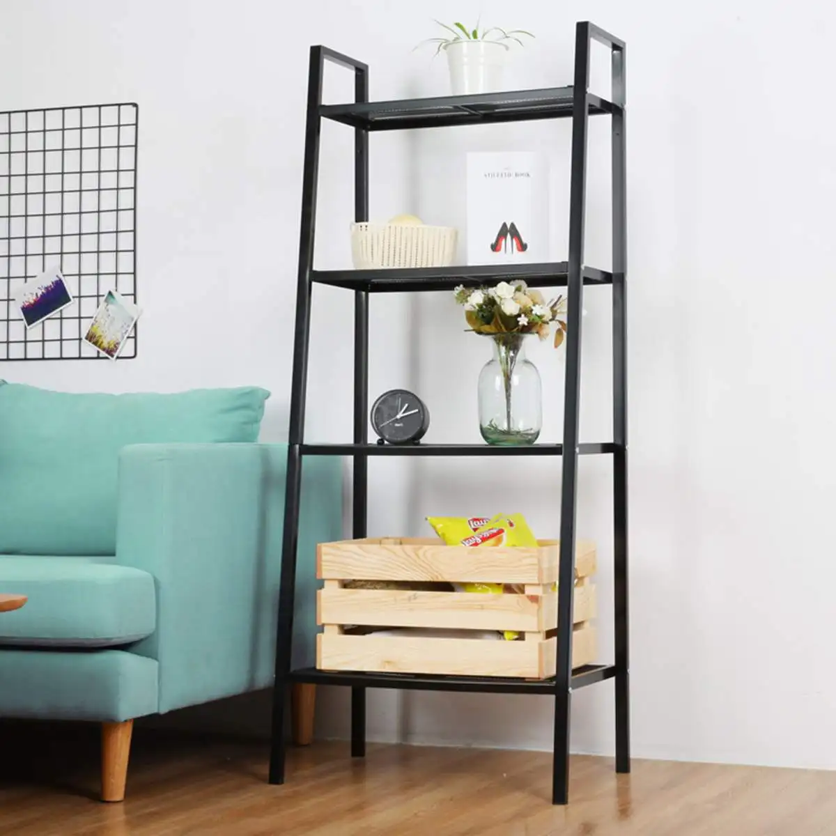 

4 Tiers Wall Leaning Ladder Shelf Bookcase Bookshelf Storage Rack Shelves Storage Stand Holder Organizer for Office Home Bedroom