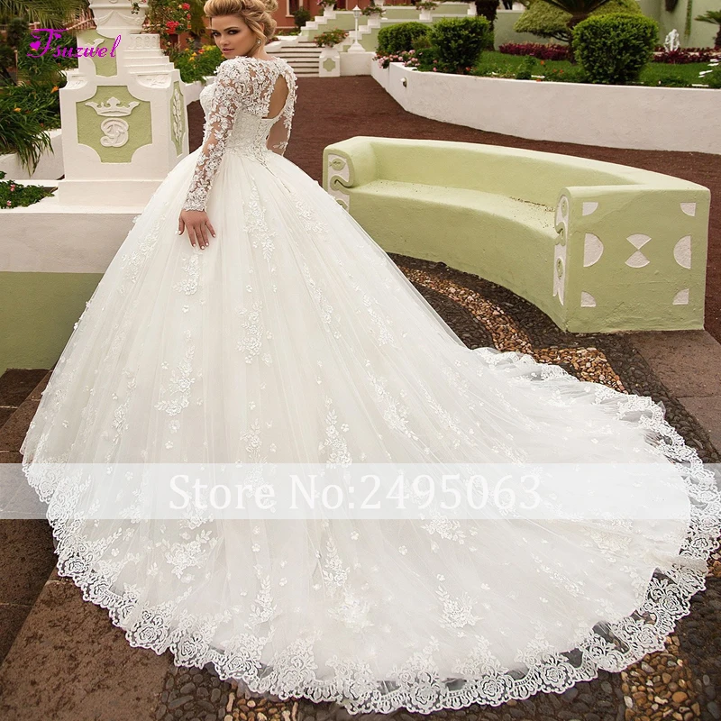 Fsuzwel New Charming Appliques Long Sleeves A-Line Wedding Dresses 2022 Luxury Scoop Neck Lace Up Princess Bridal Gown Plus Size wedding dress for women