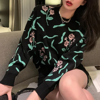

Contrast Jacquard Knit Sweater Women Mock Neck Pullover 2020 Autumn Winter Casual Loose Pullover Sweaters Sueter Mujer