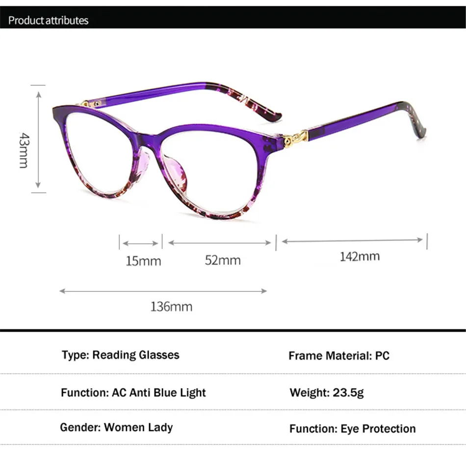 Iboode очки для чтения «кошачий глаз» женские анти-синий светильник очки для чтения при дальнозоркости диоптрий + 1,0 1,5 2,0 2,5 3,0 3,5 4,0
