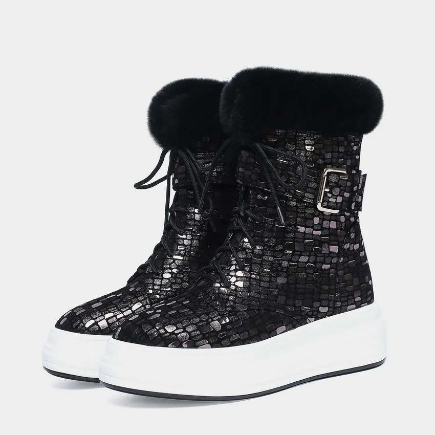 ENMAYER Slip-On Platform Boots Snow Boots Fashion Round Toe Genuine Leather Short Plush Sheepskin Women Boots Size 34-40