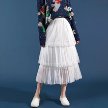 Весенне-зимняя Бежевая длинная сетчатая юбка в винтажном английском консервативном стиле с эластичной резинкой на талии, милые розовые и белые многоярусные юбки с оборками