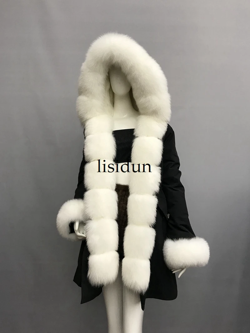 LISIDUN настоящая меховая Парка женская зимняя куртка натуральный Серебряный лисий мех пальто с капюшоном настоящая подкладка из кроличьего меха куртка женская шуба
