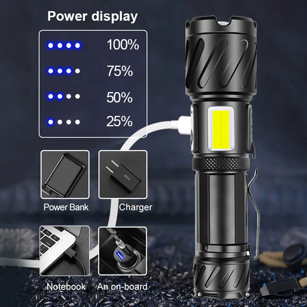 XPE Lampe torche ultra puissante LED + COB chargeur USB