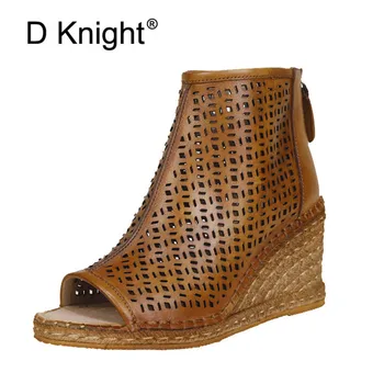 

Genuine Leather Peep Toe Hollow Woven High Wedge Heels Spring Summer 2020 New Women Wedges Sandals Shoes Woman High-Top Sandals