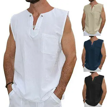 

US Men's Baggy Shirt Cotton Linen Tee Hippie Shirts Sleeveless Yoga Top Summer Casual Blouse