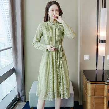 

COIGARSAM Lace Full Sleeve Women Long dress New Spring Dresses Pink Green 8804