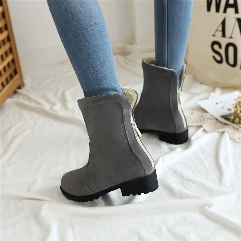 MEMUNIA/ размера плюс 45; зимние ботинки; женская повседневная обувь из флока на низком каблуке с круглым носком и толстым мехом на молнии; женские ботильоны