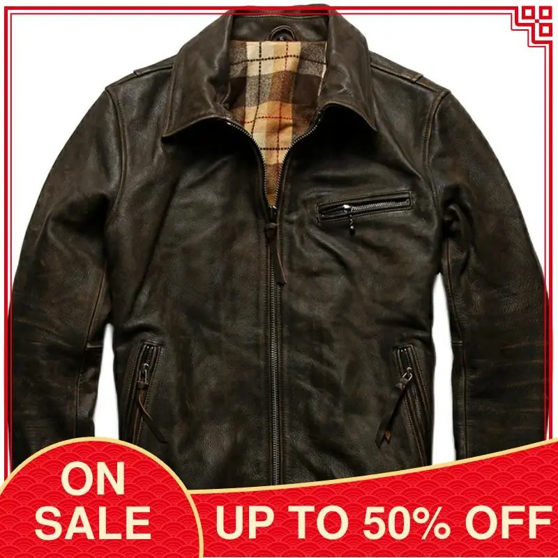 

2020 Retro Brown 1930 American Style Genuine Leather Jacket Men Plus Size 4XL Real Cowhide Autumn Slim Fit Motorcycle Coat