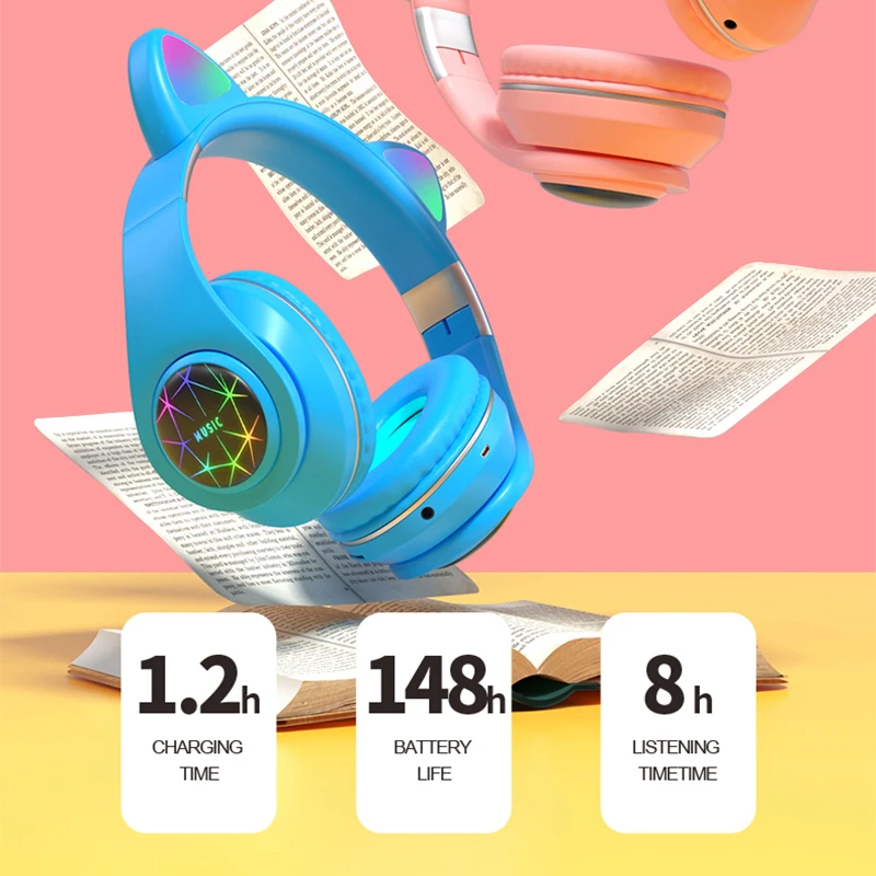 Auricolari con orecchie di gatto, cuffie wireless, musica, stereo, cuffie Bluetooth con microfono, cuffie per bambini, cuffie da gioco, regali per bambini_voghion.com